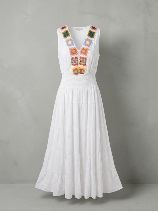 J Gee Dresses & Skirts - J Gee White Boho Tiered Maxi Dress with Colorful Granny Square Crochet Trim